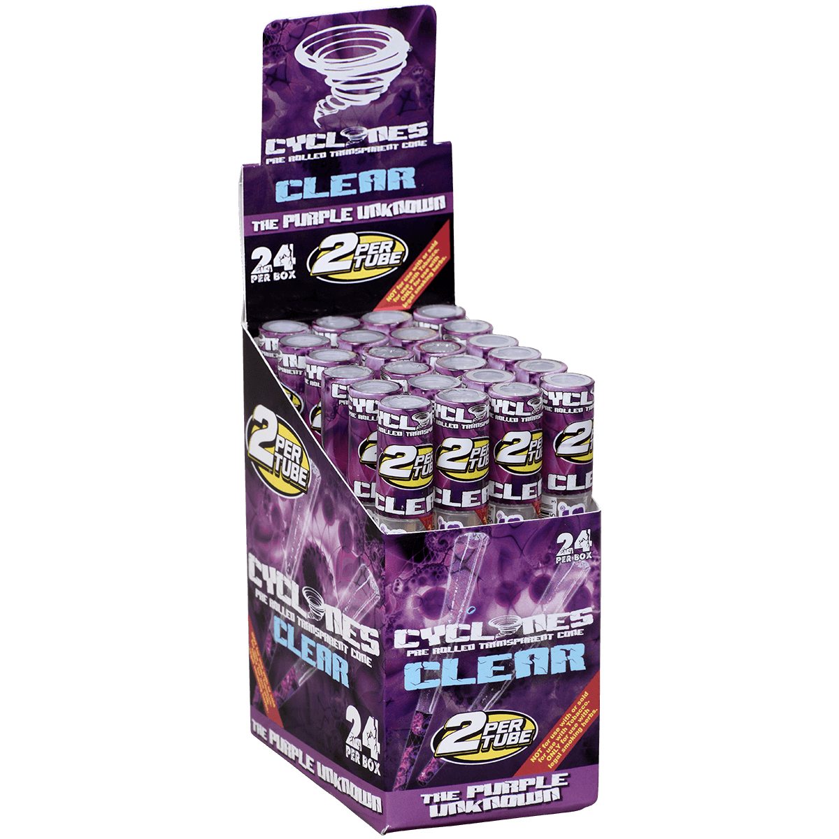 Cyclones 2X Pre-Rolled Clear Cone Purple 24 Ct. Tube Upright Display