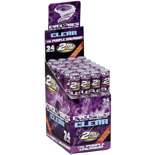 Cyclones 2X Pre-Rolled Clear Cone Purple 24 Ct. Tube Upright Display