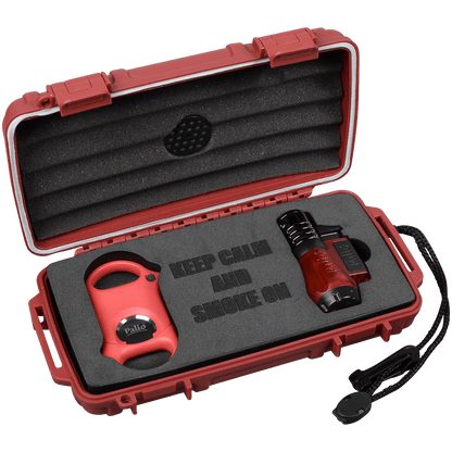 5Ct Cigar Caddy Gift Set Red W Palio Lighter And Palio Cutter