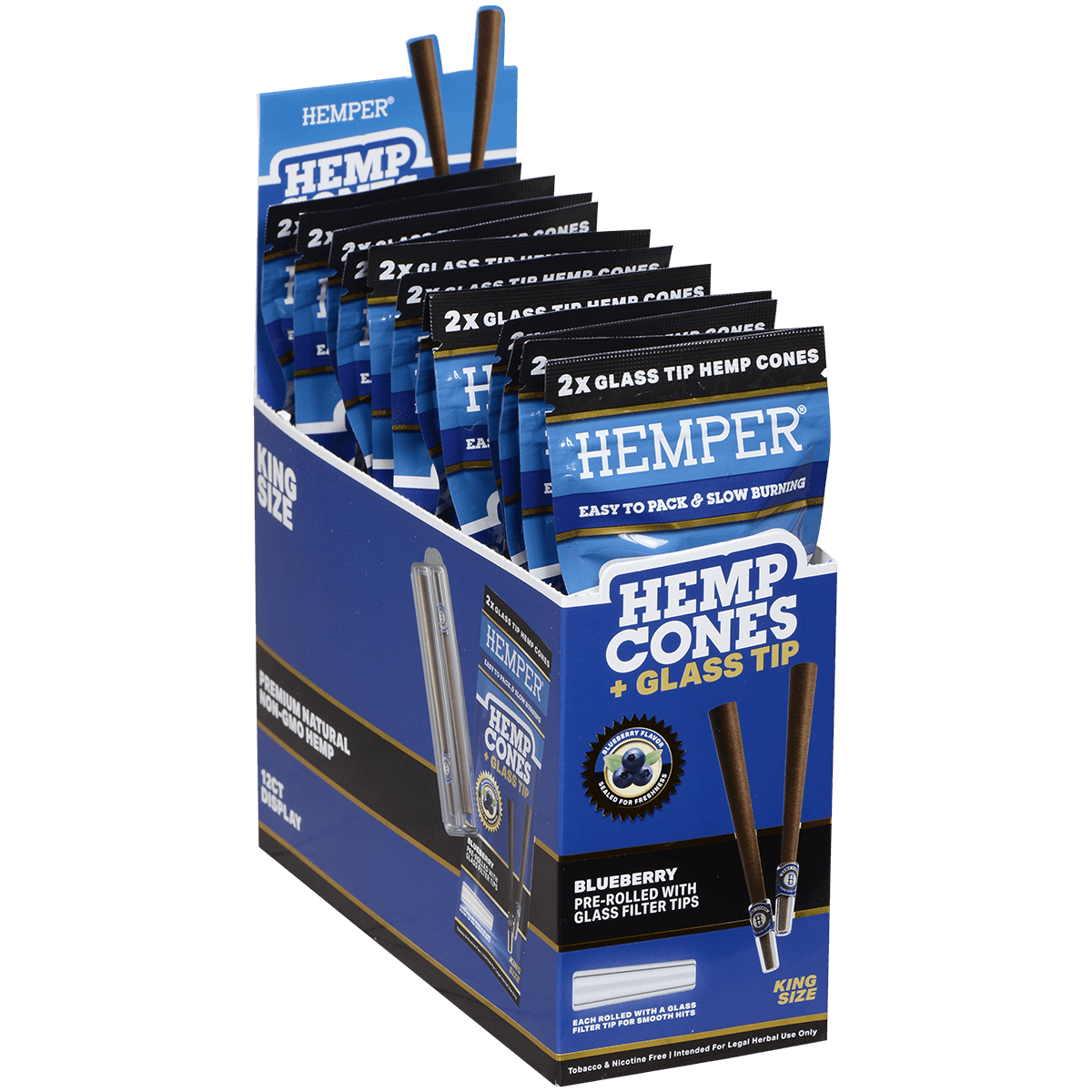 Hemper King Size Cones + Glass Tip 12Ct Display With 2 In Each Pk Blueberry