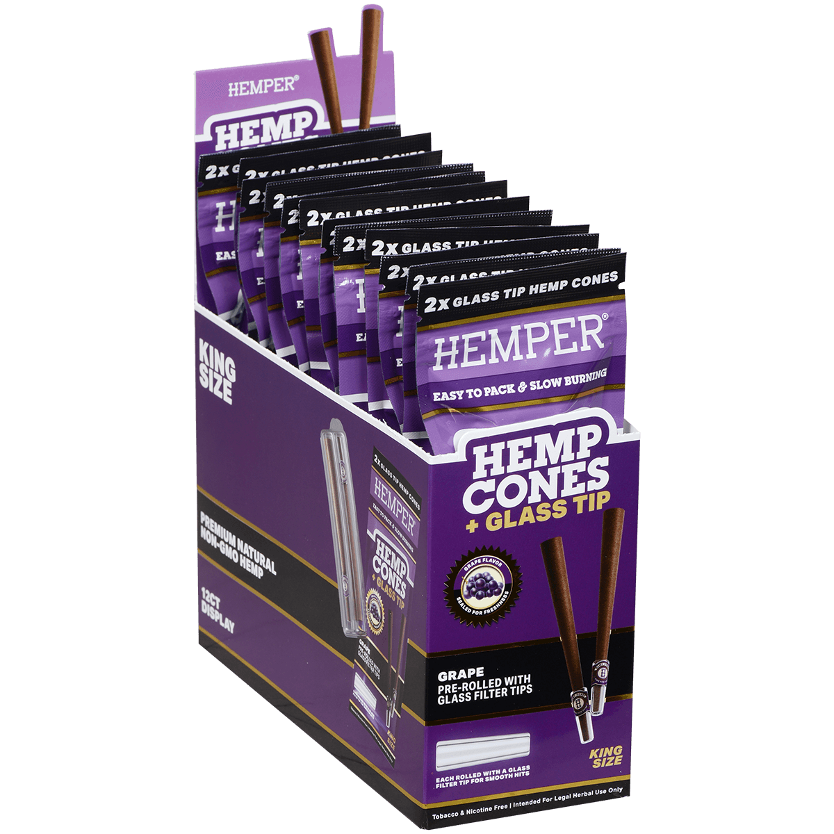 Hemper King Size Cones + Glass Tip 12Ct Display With 2 In Each Pk Grape