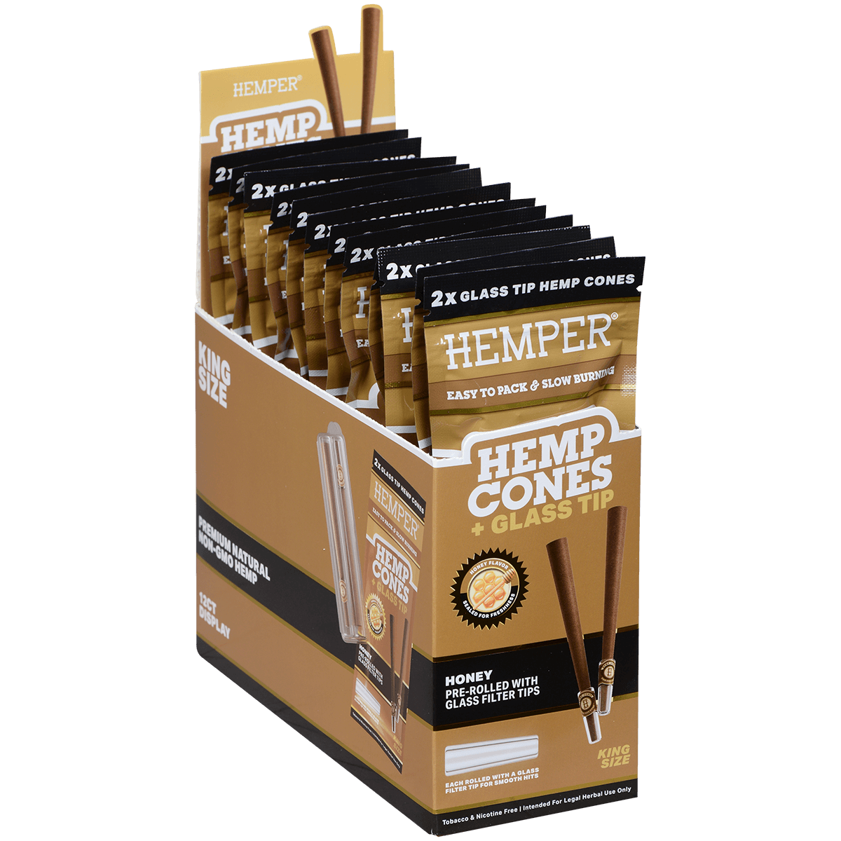 Hemper King Size Cones + Glass Tip 12Ct Display With 2 In Each Pk Honey