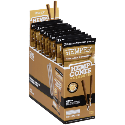 Hemper King Size Cones + Glass Tip 12Ct Display With 2 In Each Pk Honey