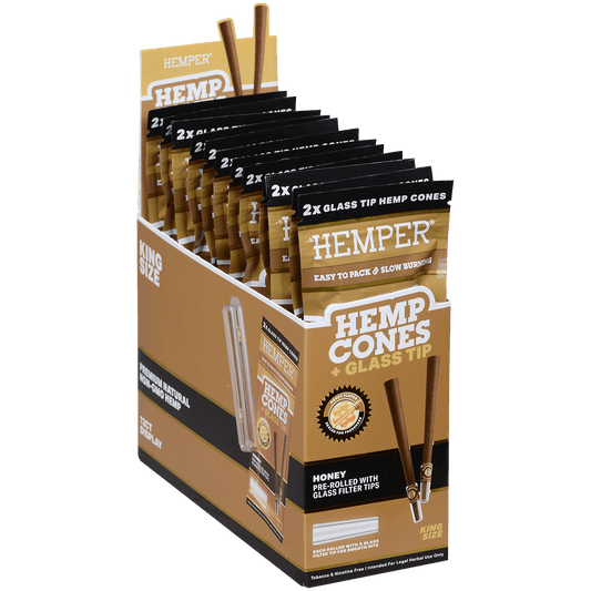 Hemper King Size Cones + Glass Tip 12Ct Display With 2 In Each Pk Honey