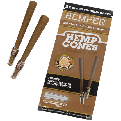 Hemper King Size Cones + Glass Tip 12Ct Display With 2 In Each Pk Honey