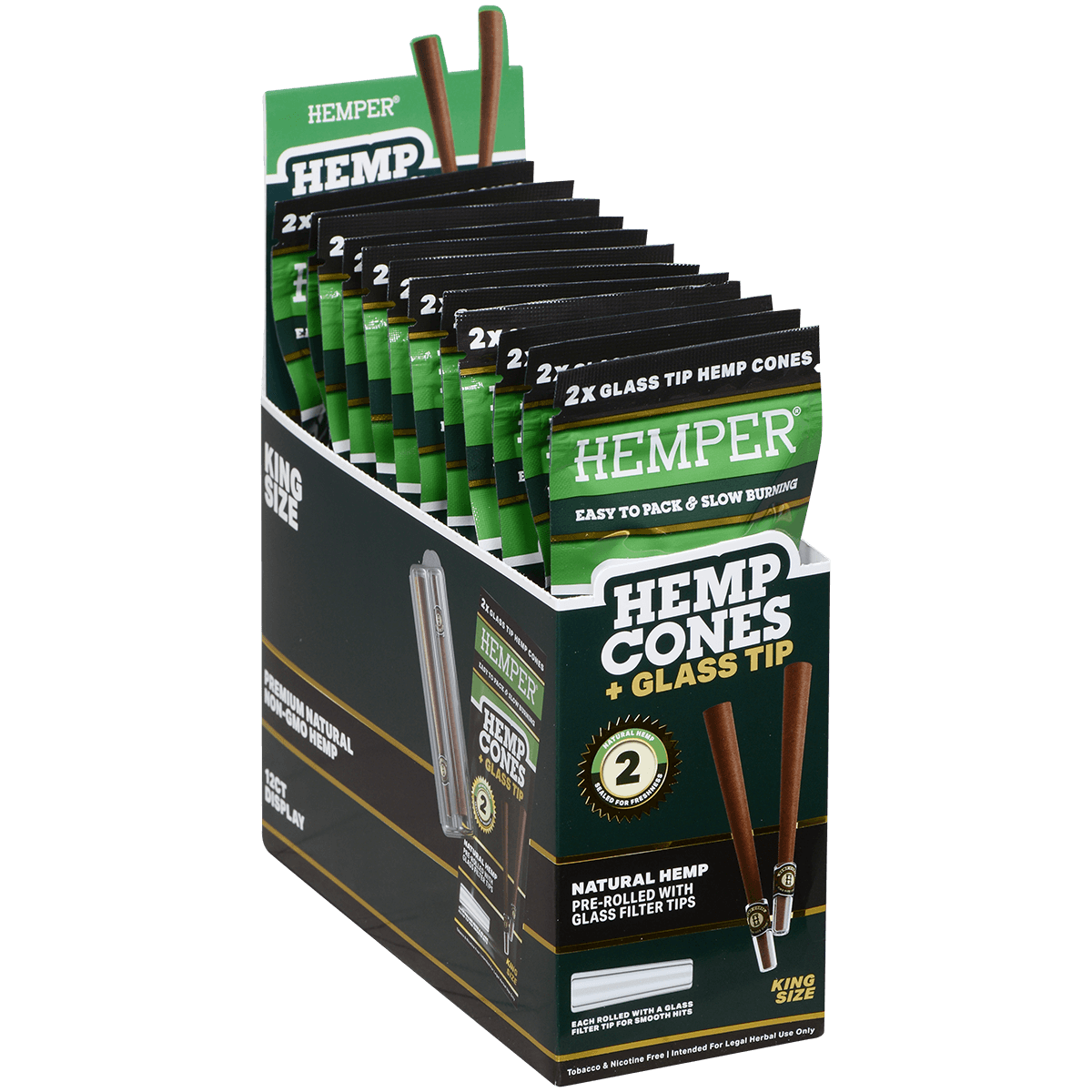 Hemper King Size Cones + Glass Tip 12Ct Display With 2 In Each Pk