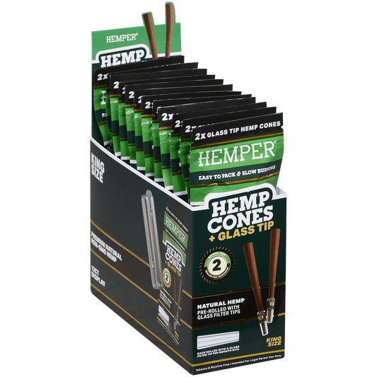 Hemper King Size Cones + Glass Tip 12Ct Display With 2 In Each Pk