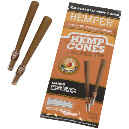 Hemper King Size Cones + Glass Tip 12Ct Display With 2 In Each Pk Mango