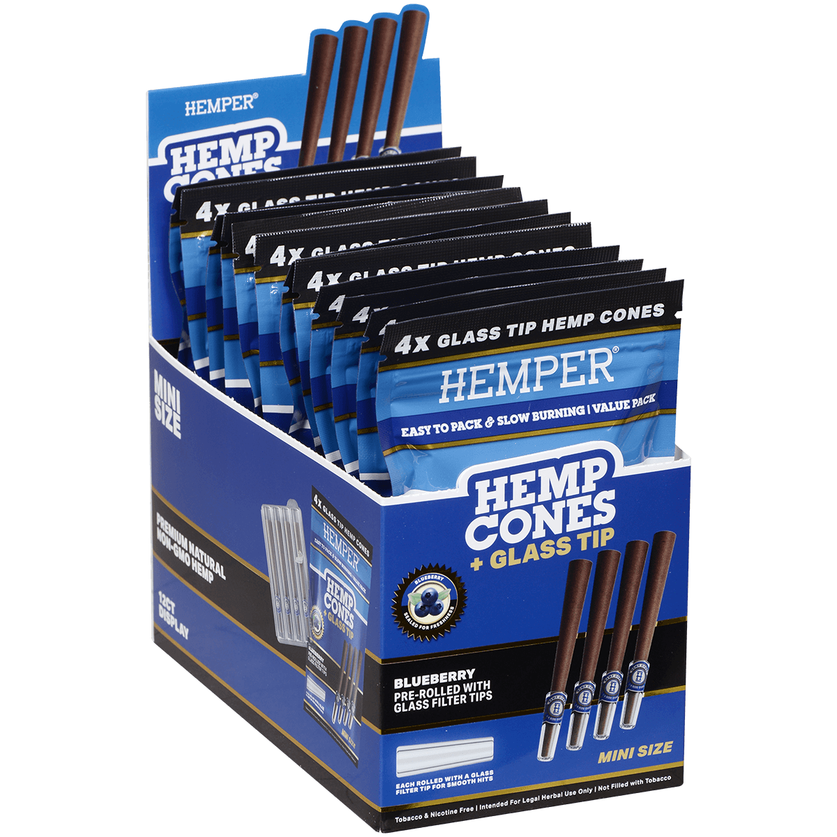 Hemper Mini Size Cones+Glass Tip 12 Ct Display 4 In Each Pk Blueberry