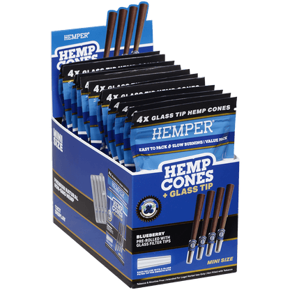 Hemper Mini Size Cones+Glass Tip 12 Ct Display 4 In Each Pk Blueberry