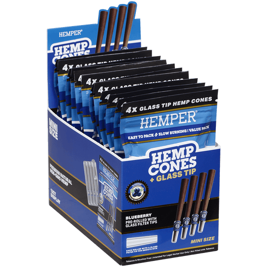 Hemper Mini Size Cones+Glass Tip 12 Ct Display 4 In Each Pk Blueberry