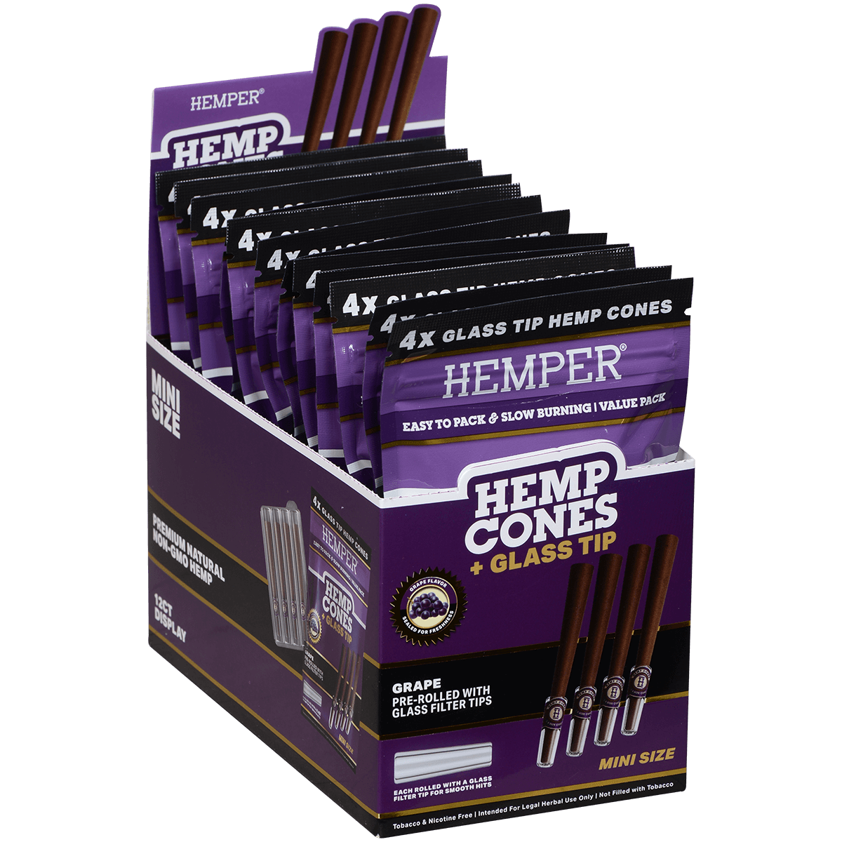 Hemper Mini Size Cones+Glass Tip 12 Ct Display 4 In Each Pk Grape