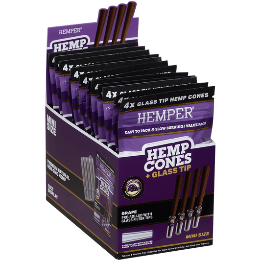 Hemper Mini Size Cones+Glass Tip 12 Ct Display 4 In Each Pk Grape