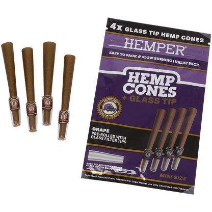 Hemper Mini Size Cones+Glass Tip 12 Ct Display 4 In Each Pk Grape