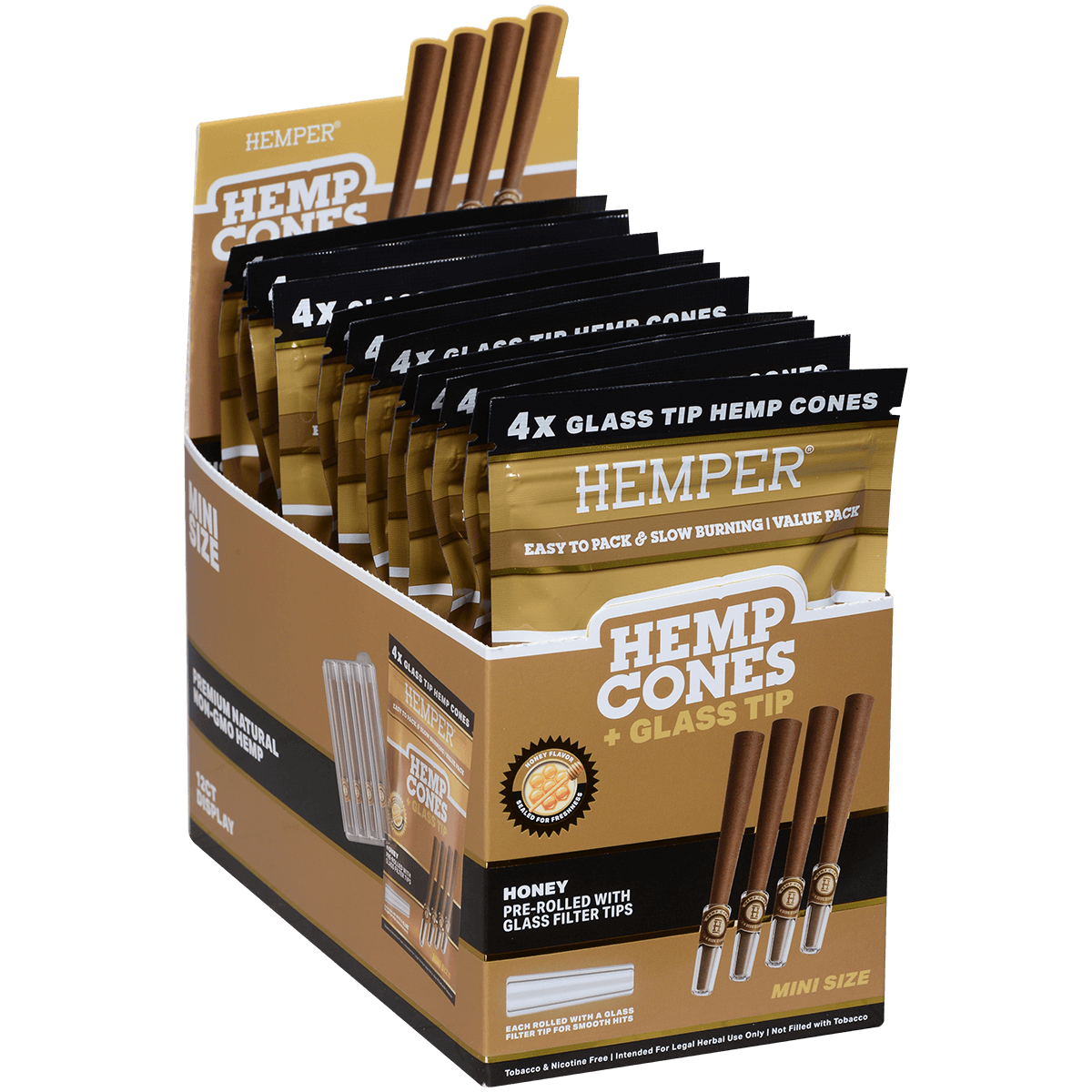 Hemper Mini Size Cones+Glass Tip 12 Ct Display 4 In Each Pk Honey