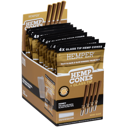 Hemper Mini Size Cones+Glass Tip 12 Ct Display 4 In Each Pk Honey