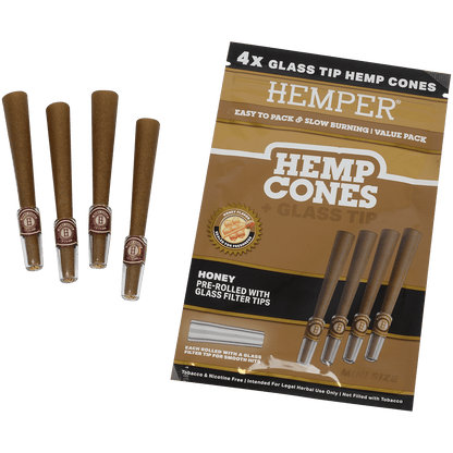 Hemper Mini Size Cones+Glass Tip 12 Ct Display 4 In Each Pk Honey