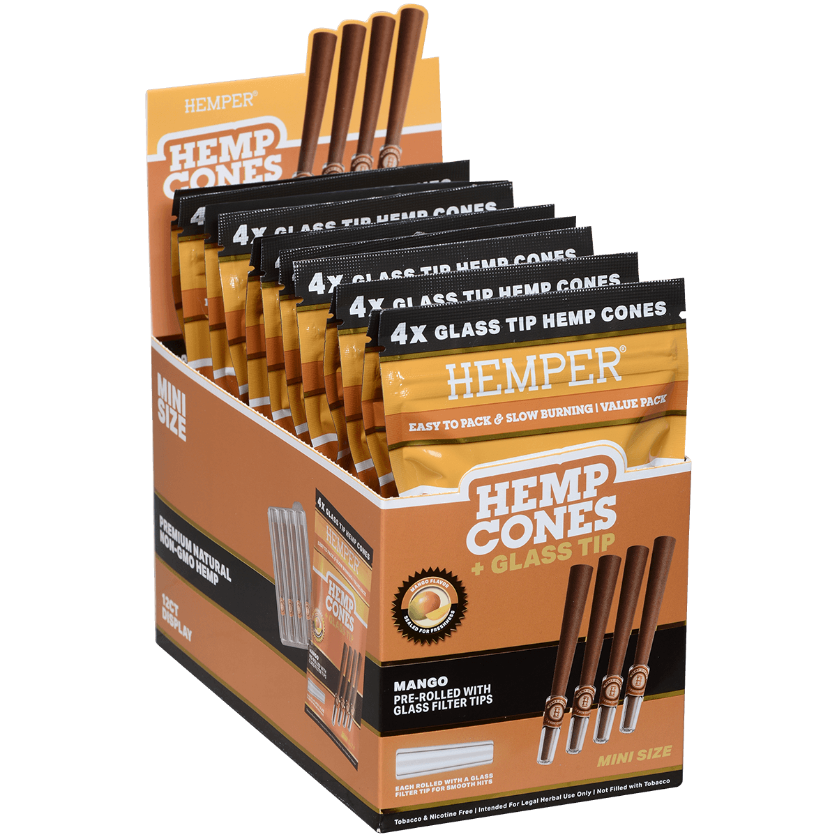 Hemper Mini Size Cones+Glass Tip 12 Ct Display 4 In Each Pk Mango