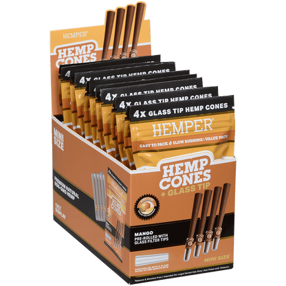 Hemper Mini Size Cones+Glass Tip 12 Ct Display 4 In Each Pk Mango