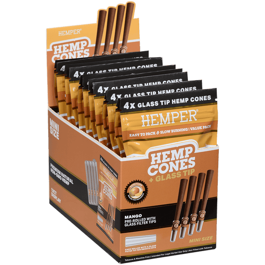 Hemper Mini Size Cones+Glass Tip 12 Ct Display 4 In Each Pk Mango