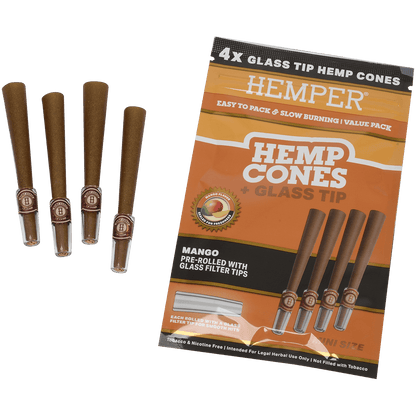 Hemper Mini Size Cones+Glass Tip 12 Ct Display 4 In Each Pk Mango