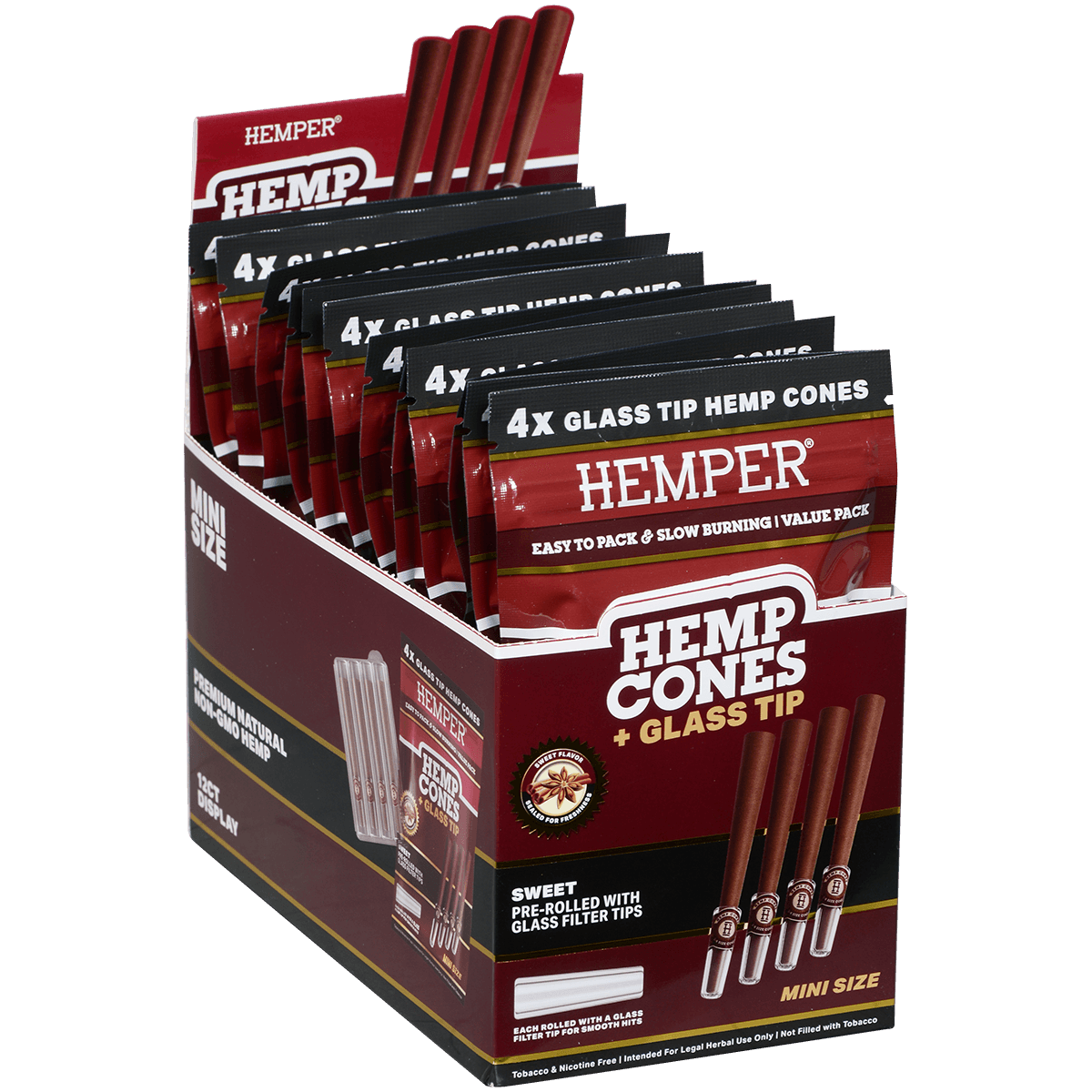 Hemper Mini Size Cones+Glass Tip 12 Ct Display 4 In Each Pk Sweet