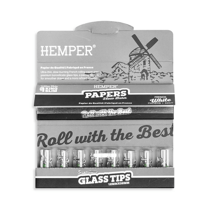 HEMPER KING SIZE CLASSIC WHITE PAPER BOOKLET PLUS 8 10MM GLASS TIPS 20/32 CT. DISPLAY
