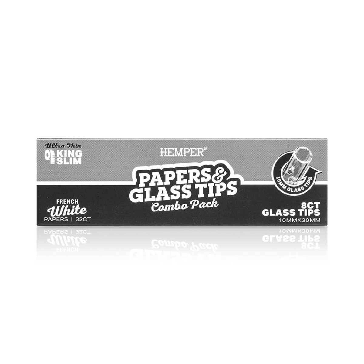 HEMPER KING SIZE CLASSIC WHITE PAPER BOOKLET PLUS 8 10MM GLASS TIPS 20/32 CT. DISPLAY