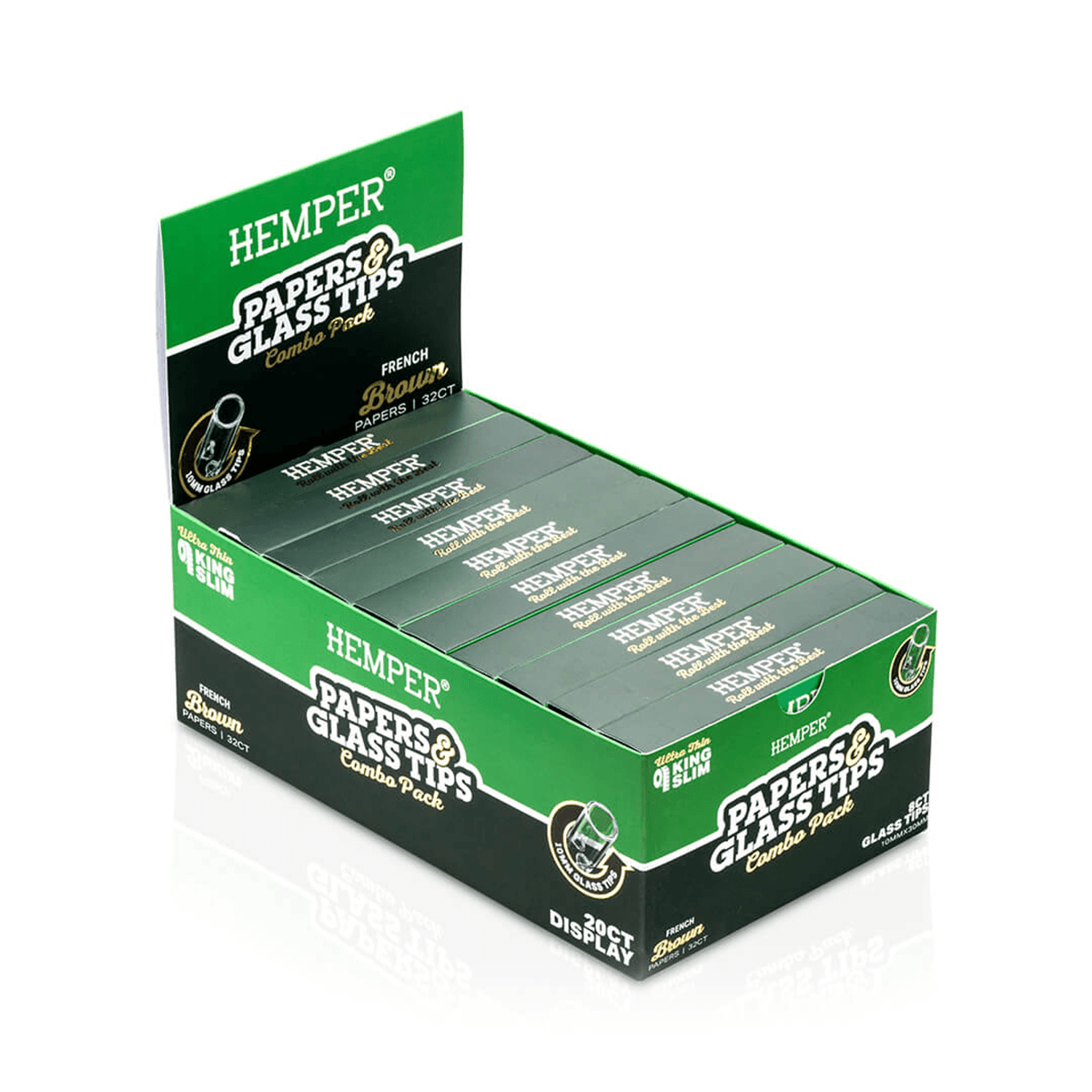 HEMPER KING SIZE NATURAL BROWN PAPER BOOKLET PLUS 8 10MM GLASS TIPS 20/32 CT. DISPLAY