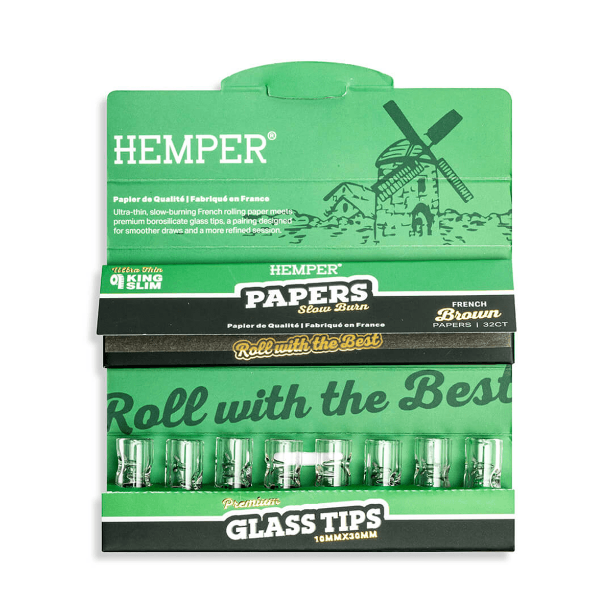 HEMPER KING SIZE NATURAL BROWN PAPER BOOKLET PLUS 8 10MM GLASS TIPS 20/32 CT. DISPLAY