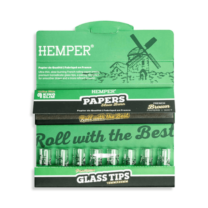 HEMPER KING SIZE NATURAL BROWN PAPER BOOKLET PLUS 8 10MM GLASS TIPS 20/32 CT. DISPLAY