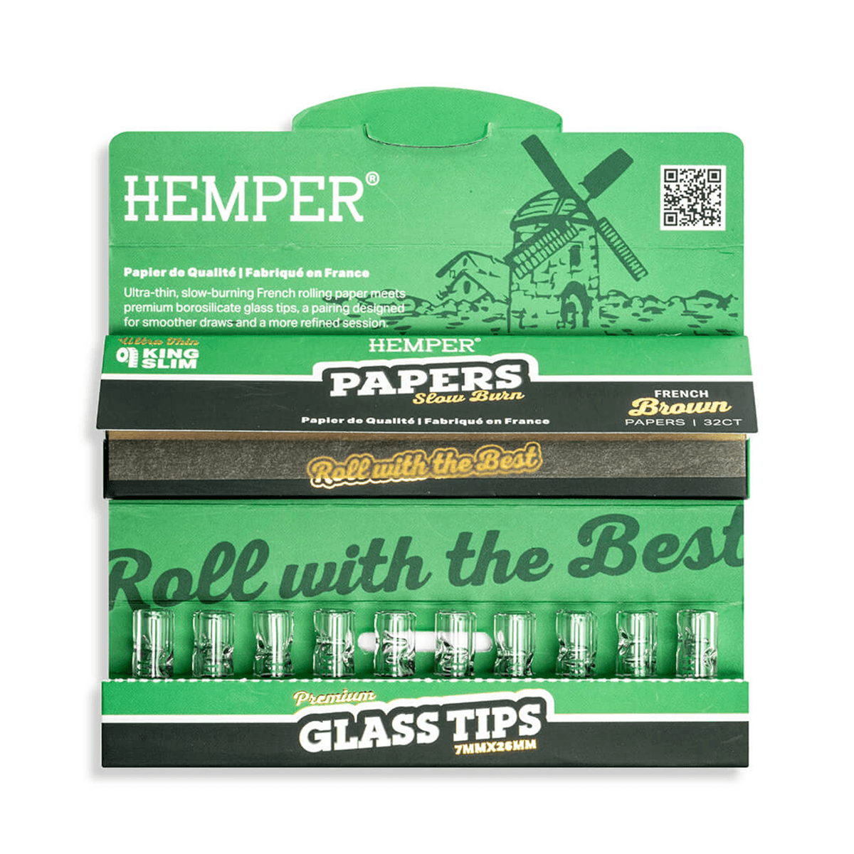 HEMPER KING SIZE NATURAL BROWN PAPER BOOKLET PLUS 10 7MM GLASS TIPS 20/32 CT. DISPLAY