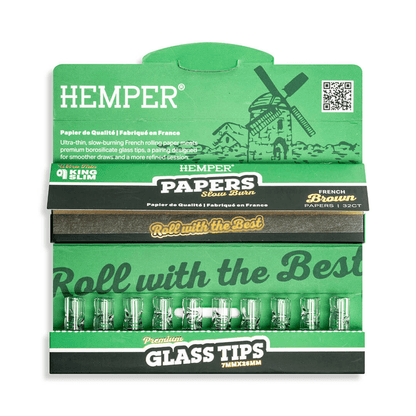 HEMPER KING SIZE NATURAL BROWN PAPER BOOKLET PLUS 10 7MM GLASS TIPS 20/32 CT. DISPLAY