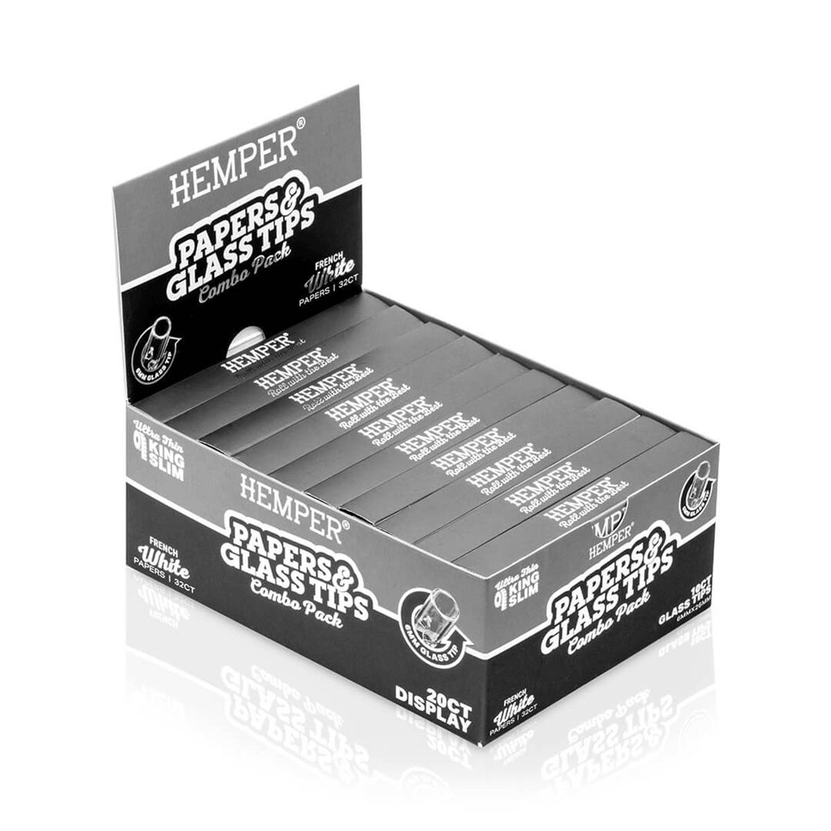 HEMPER KING SIZE CLASSIC WHITE PAPER BOOKLET PLUS 10 6MM GLASS TIPS 20/32 CT. DISPLAY