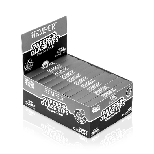 HEMPER KING SIZE CLASSIC WHITE PAPER BOOKLET PLUS 10 6MM GLASS TIPS 20/32 CT. DISPLAY