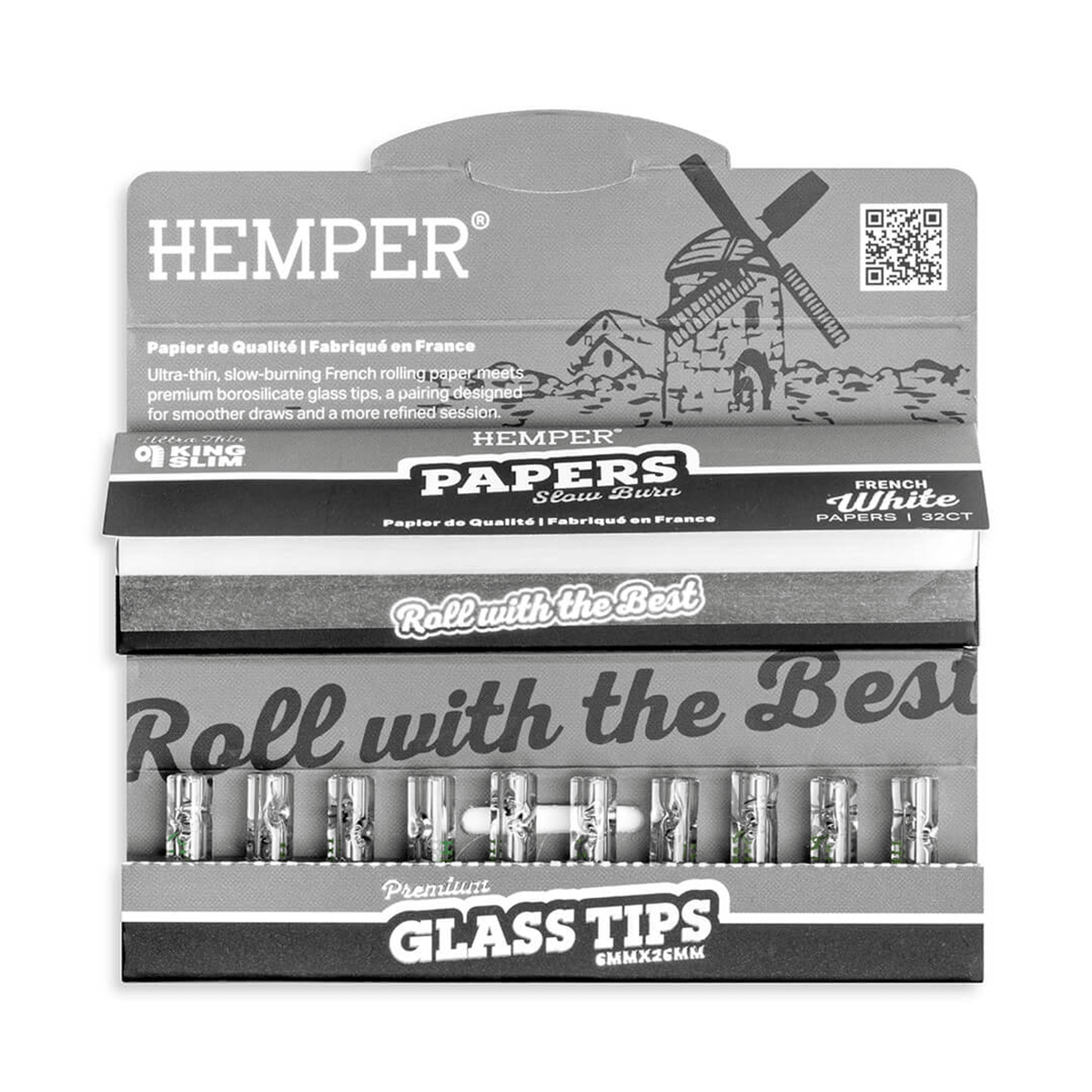 HEMPER KING SIZE CLASSIC WHITE PAPER BOOKLET PLUS 10 6MM GLASS TIPS 20/32 CT. DISPLAY