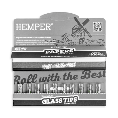HEMPER KING SIZE CLASSIC WHITE PAPER BOOKLET PLUS 10 6MM GLASS TIPS 20/32 CT. DISPLAY