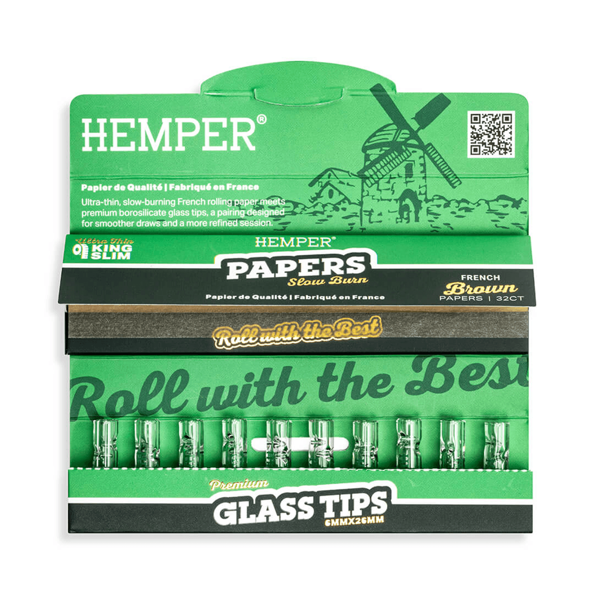 HEMPER KING SIZE NATURAL BROWN PAPER BOOKLET PLUS 10 6MM GLASS TIPS 20/32 CT. DISPLAY
