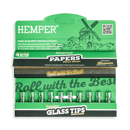 HEMPER KING SIZE NATURAL BROWN PAPER BOOKLET PLUS 10 6MM GLASS TIPS 20/32 CT. DISPLAY