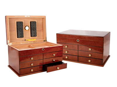 Humidor Ravello High Gloss Pommeled Burl Finish 300 Ct W 2 Felt-Lined Accesory Drawers