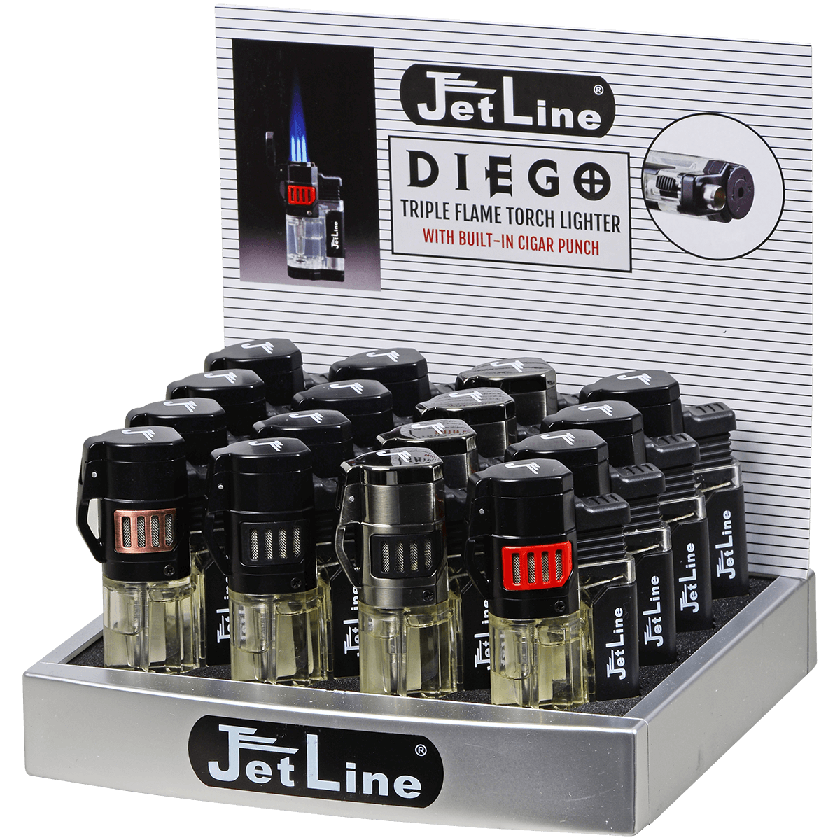 Lighter Jetline Diego Triple Flame 4 Colors 16 Ct. Display