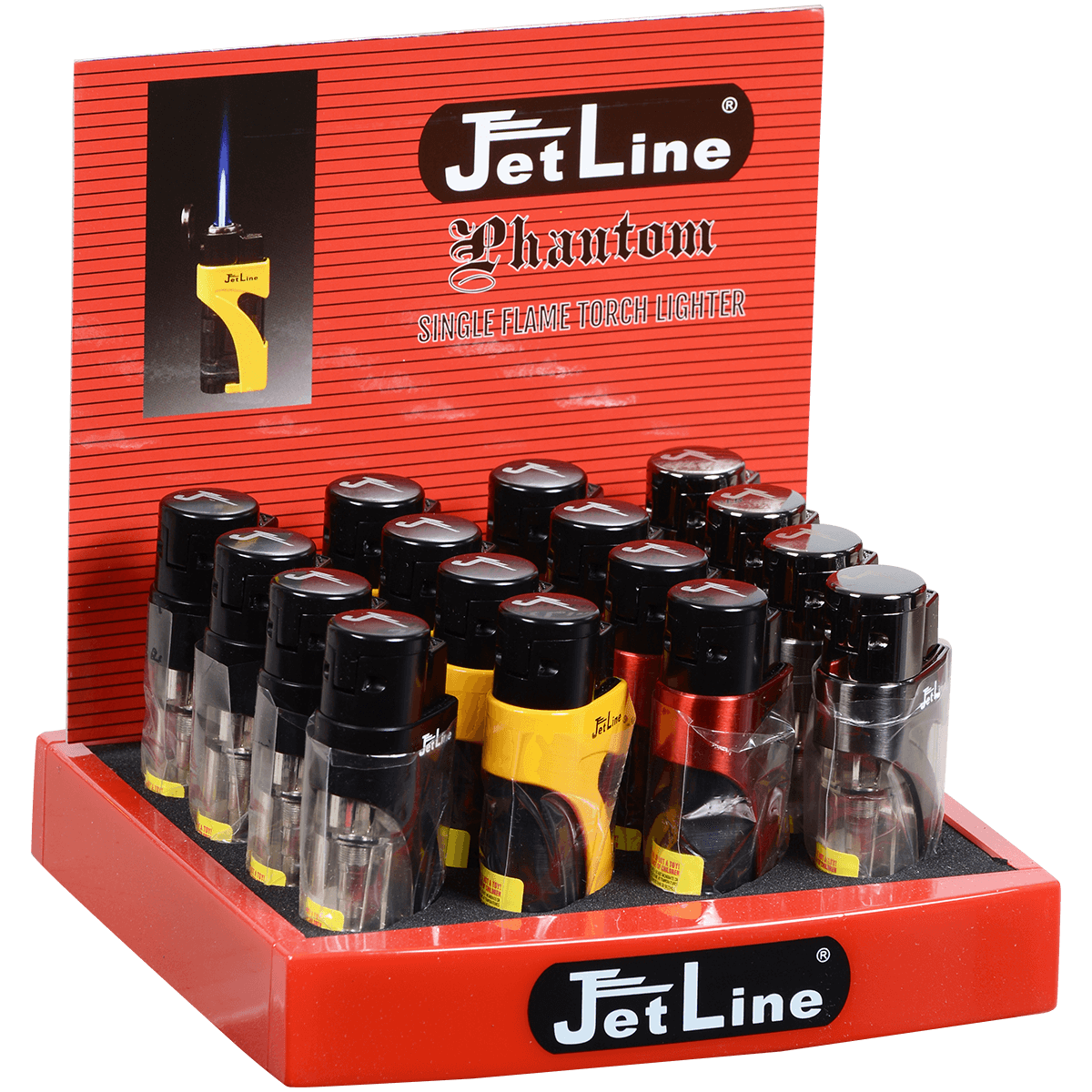 Lighter Jetline Phantom Single Flame 4 Colors 16 Ct. Display