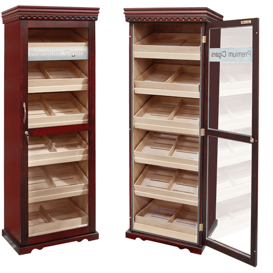 Humidor Havana Bay Dark Cherry Etched Glass W Shelves 1000Ct 23 1 4"X17 1 4"X70"
