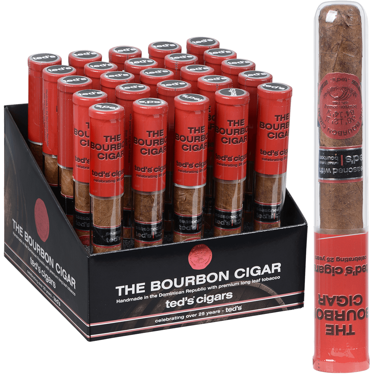 The Bourbon Cigar By Teds 650 Glass Tubes 25 Ct. Box 6.00X50