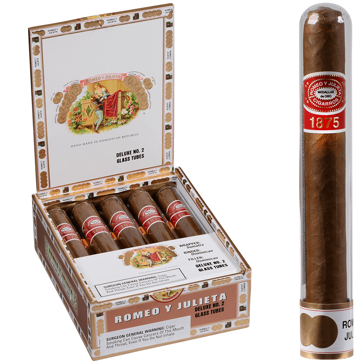Romeo Y Julieta 1875 Deluxe #2 Glass Tubes Ems 10 Ct. Box 6.00X50