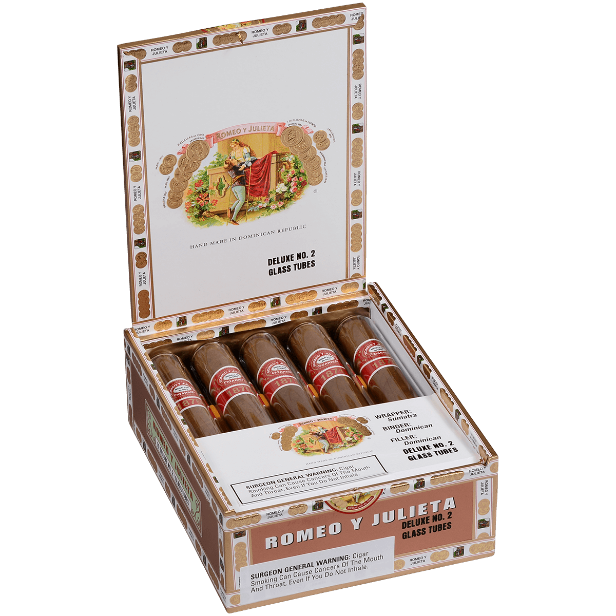 Romeo Y Julieta 1875 Deluxe #2 Glass Tubes Ems 10 Ct. Box 6.00X50