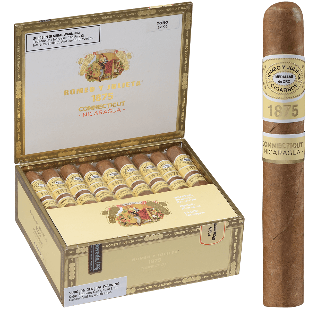 Romeo Y Julieta 1875 Connecticut Nicaragua Toro 25 Ct. Box 6.00X53