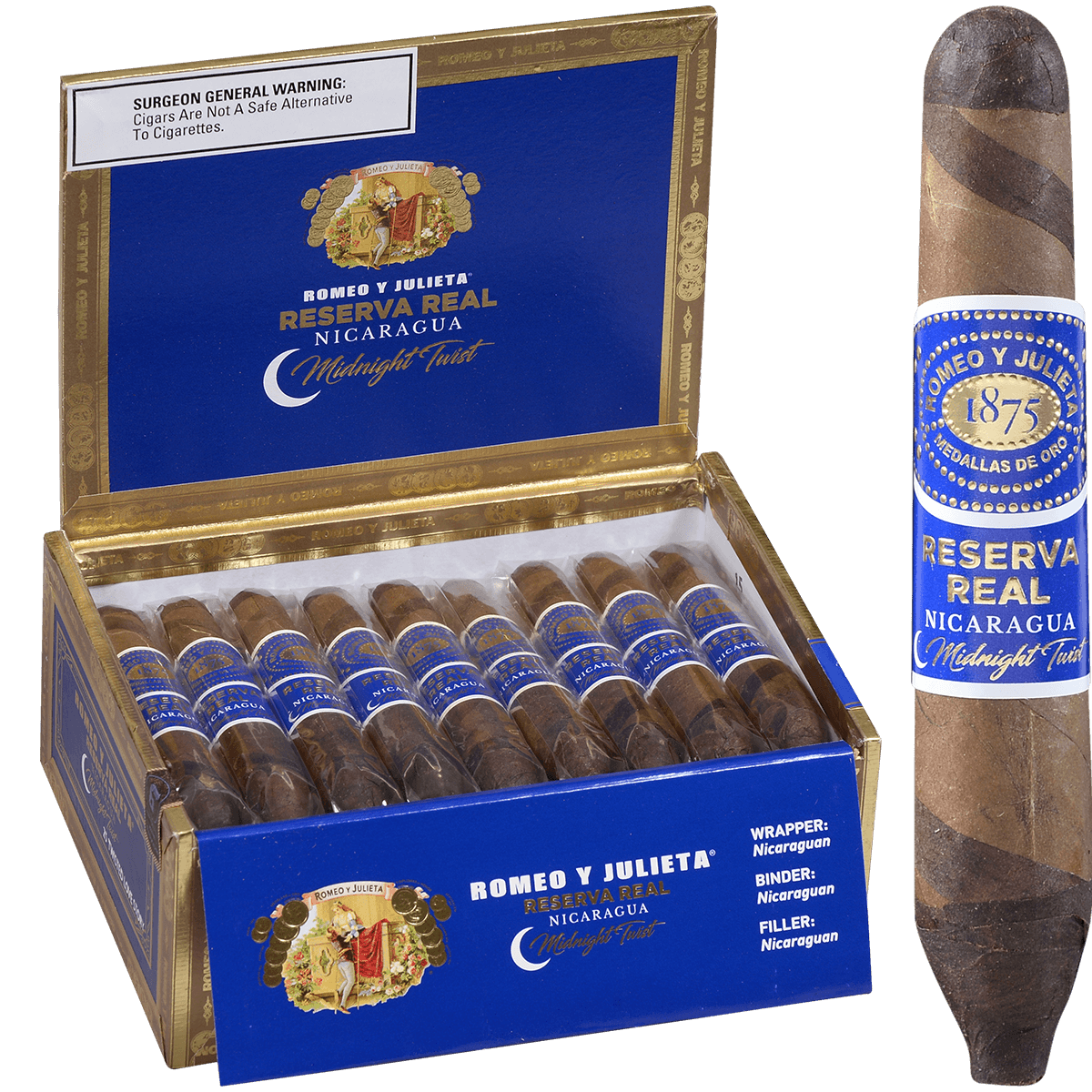 Romeo Y Julieta Reserva Real Nicaragua Midnight Twisted Love Story 25 Ct. Box 4.25X46