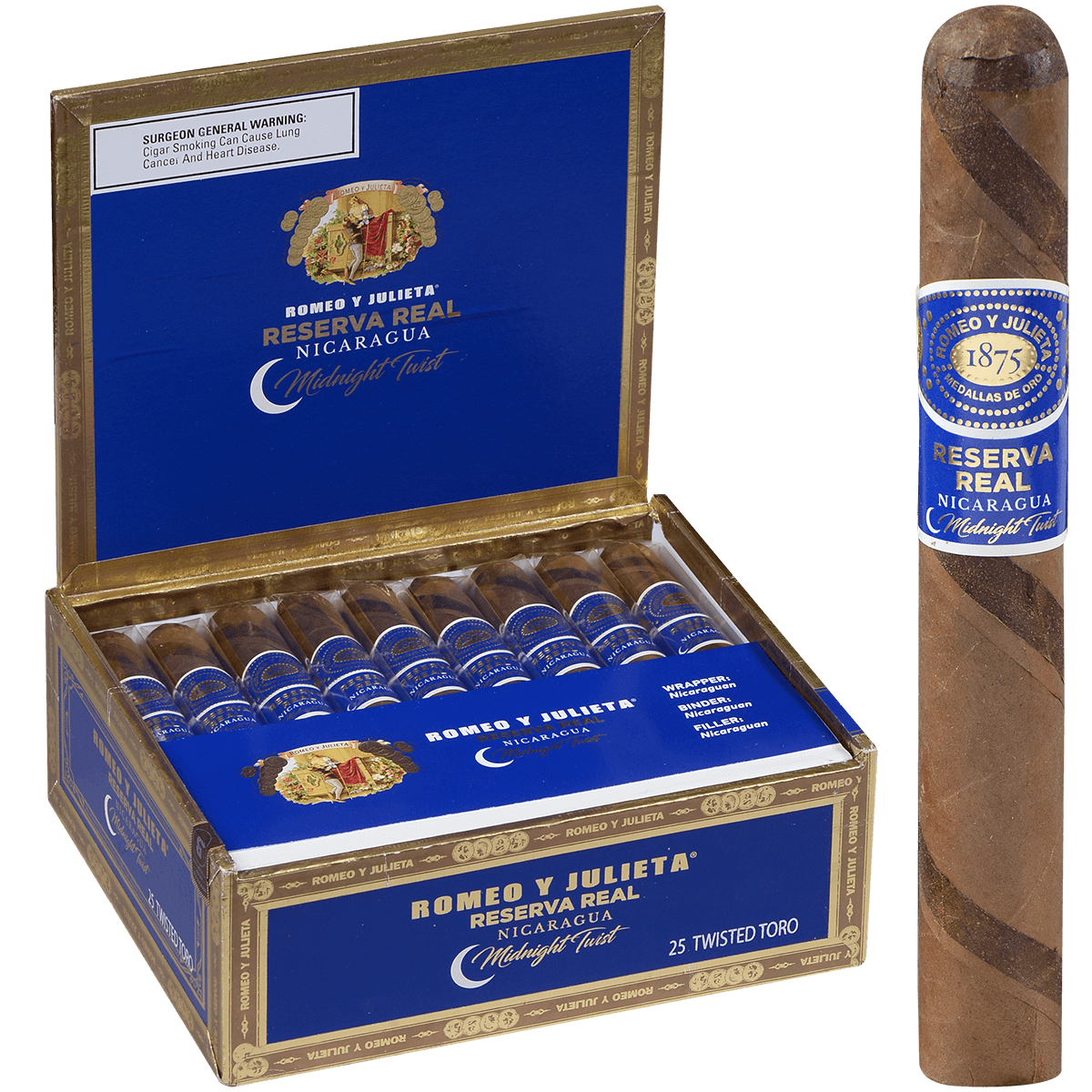 Romeo Y Julieta Reserva Real Nicaragua Midnight Twisted Toro 25 Ct. Box 6.00X54