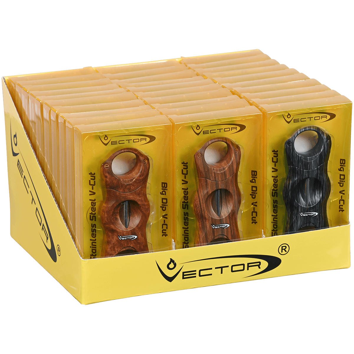 VECTOR CUTTERS ASSORTED V-CUT STAINLESS STEEL WOOD FINISH 30 CT. DISPLAY TRAY